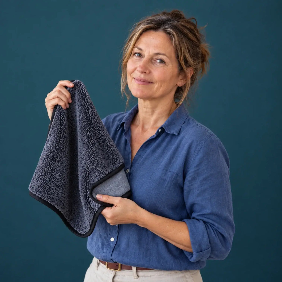 Femme présentant un chiffon microfibre Naïa Pure gris anthracite.
